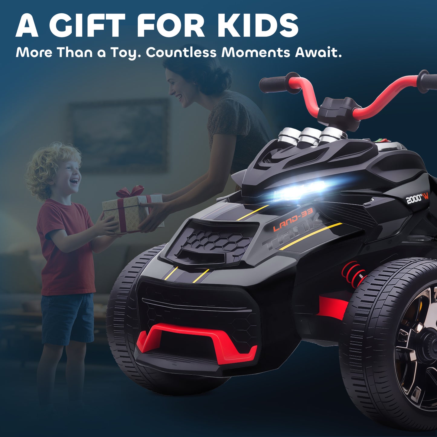 Kids Electric Ride On Car, 12V Battery Powered Ride On ATV with MP3 Player, Horn, 2 Speeds, LED Lights, 3 Wheeler Electric Vehicle Toy Car for Boys & Girls Ages 3-8, Black
