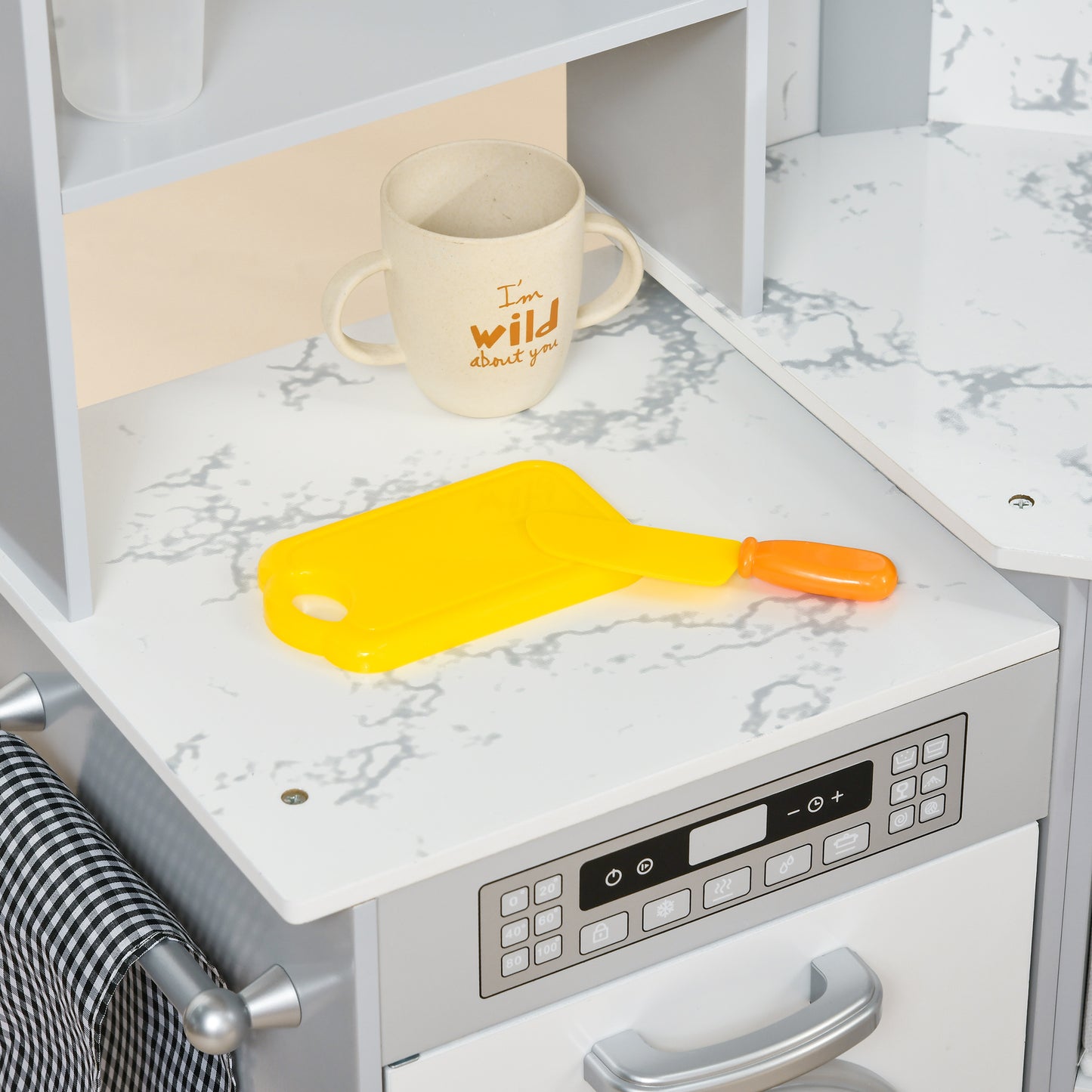 AIYAPLAY Toy Kitchen with Running Water, Lights Sounds, Apron and Chef Hat, Water Dispenser, for 3-6 Years Old - Grey