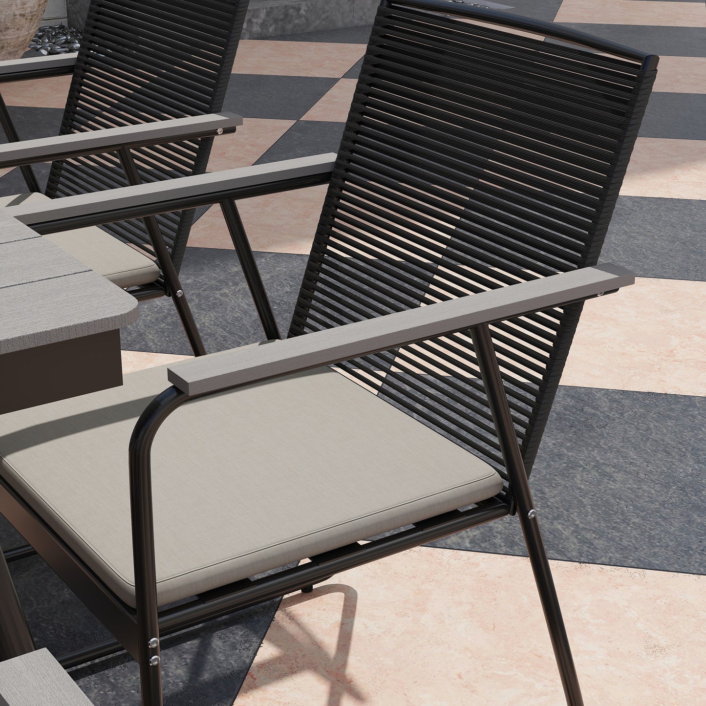 6 Seater Garden Dining Set with Cushions Rattan Backrest, Grey