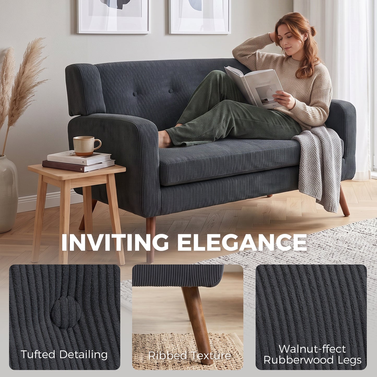 2 Seater Sofa, 118 cm Corduroy Small Loveseat Sofa, Dark Grey