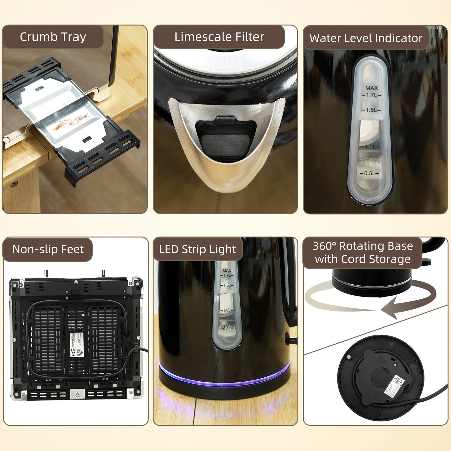 4 Slice Wide Slot Toaster and 1.7L Rapid Boil Kettle Set, Black