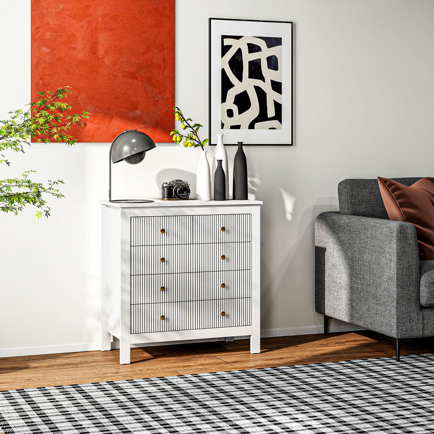 Fluted Bedroom Chest of Drawers w/ 5 Drawers Gold Tone Handles White