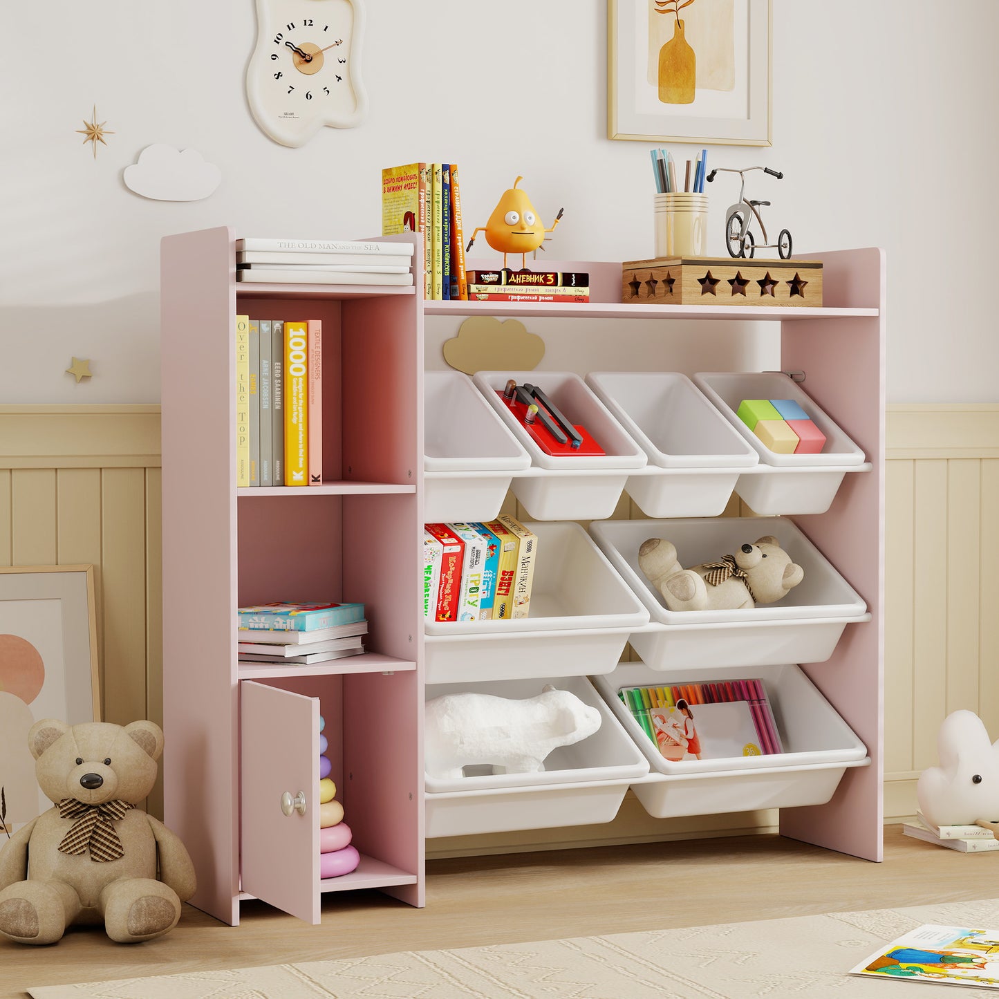 Toy Storage Unit with 8 Removable Bins, Storage Shelves, Cabinet