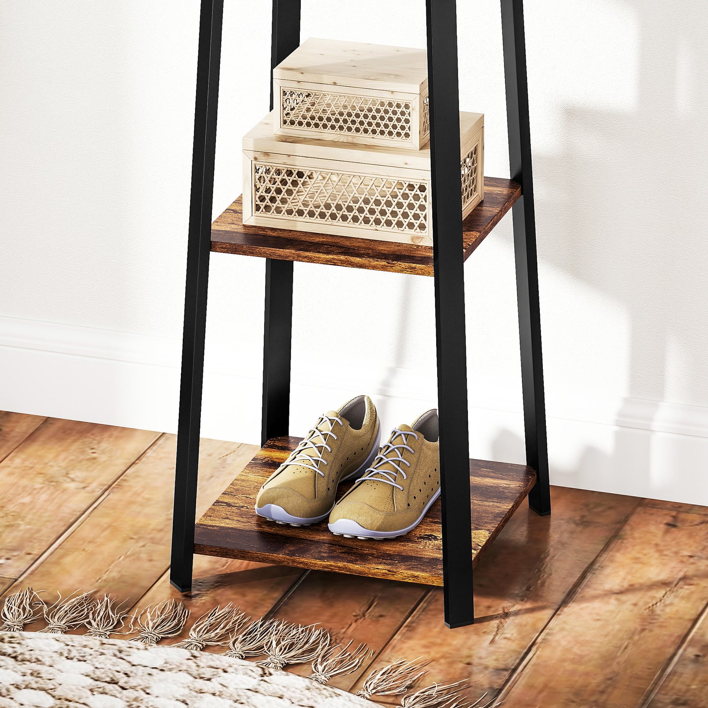 Clothes Rack with Storage, Garment Rack with 8 Hooks and 3-Tier Shelf