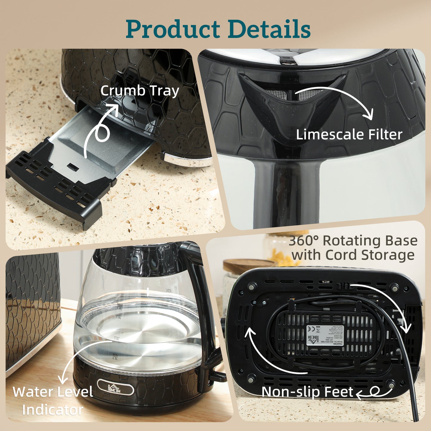 Kettle and Toaster Set with Limescale Filter, Crumb Tray, Black