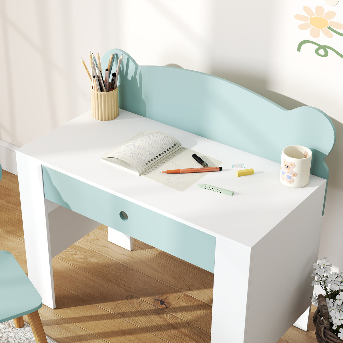 Kids' Desk and Chair Set with Storage Drawer and Bear Backrest - Green & White