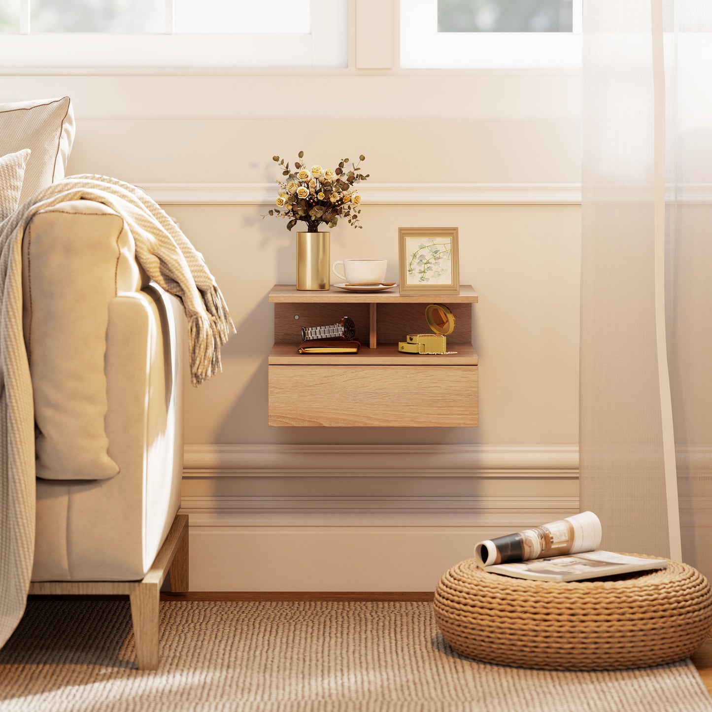 Modern Nightstand Set of 2, Wall Mounted Bedside Cabinet, Oak