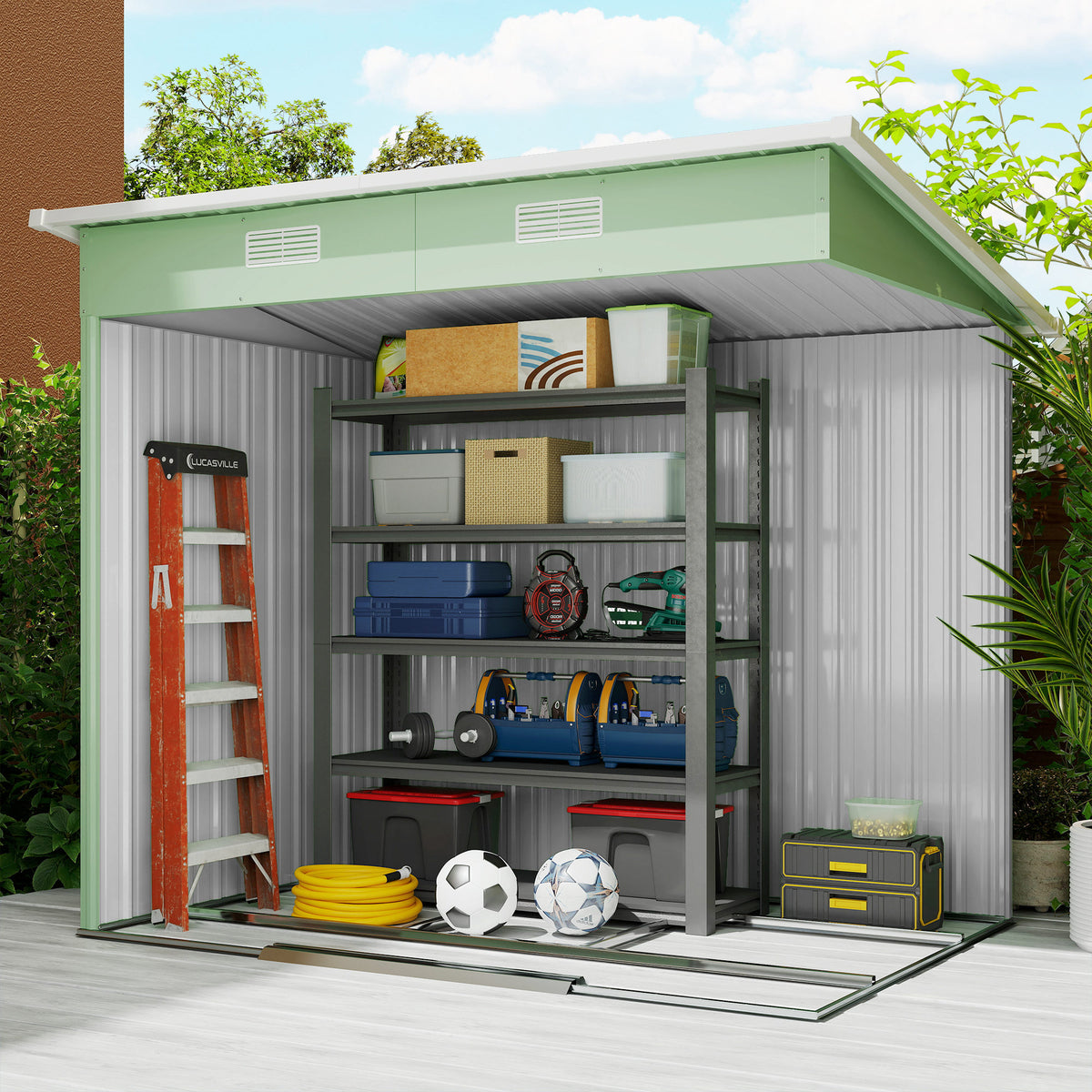 6.8 × 4.3ft Metal Garden Storage Shed with Sliding Door and Foundation - Light Green