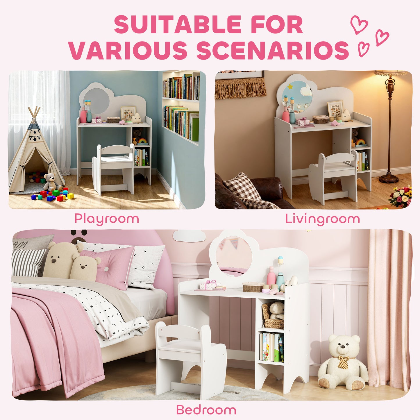 Kids Dressing Table with Mirror, Stool, Vanity Table, White