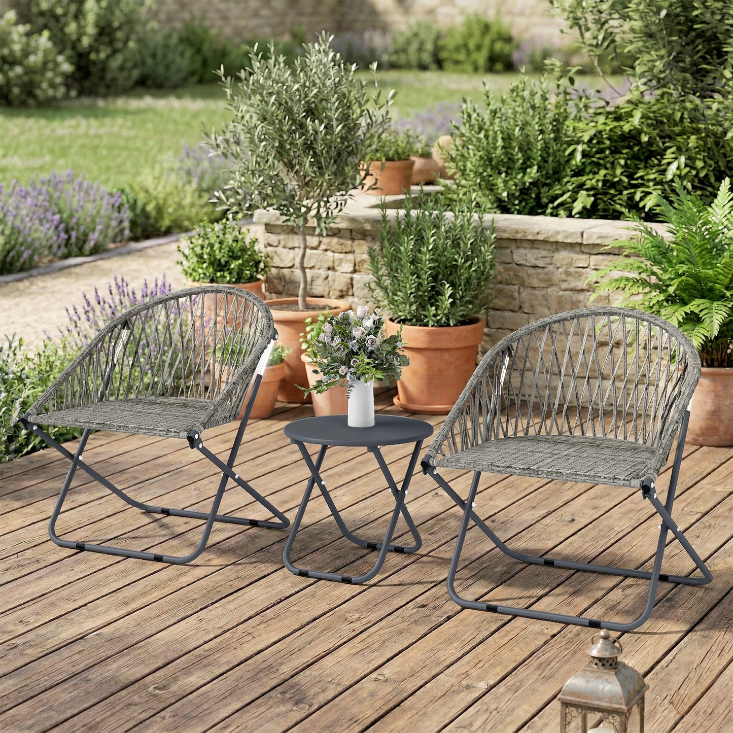 Outdoor Bistro Set, Folding Table and Rattan Chairs for 2, Grey
