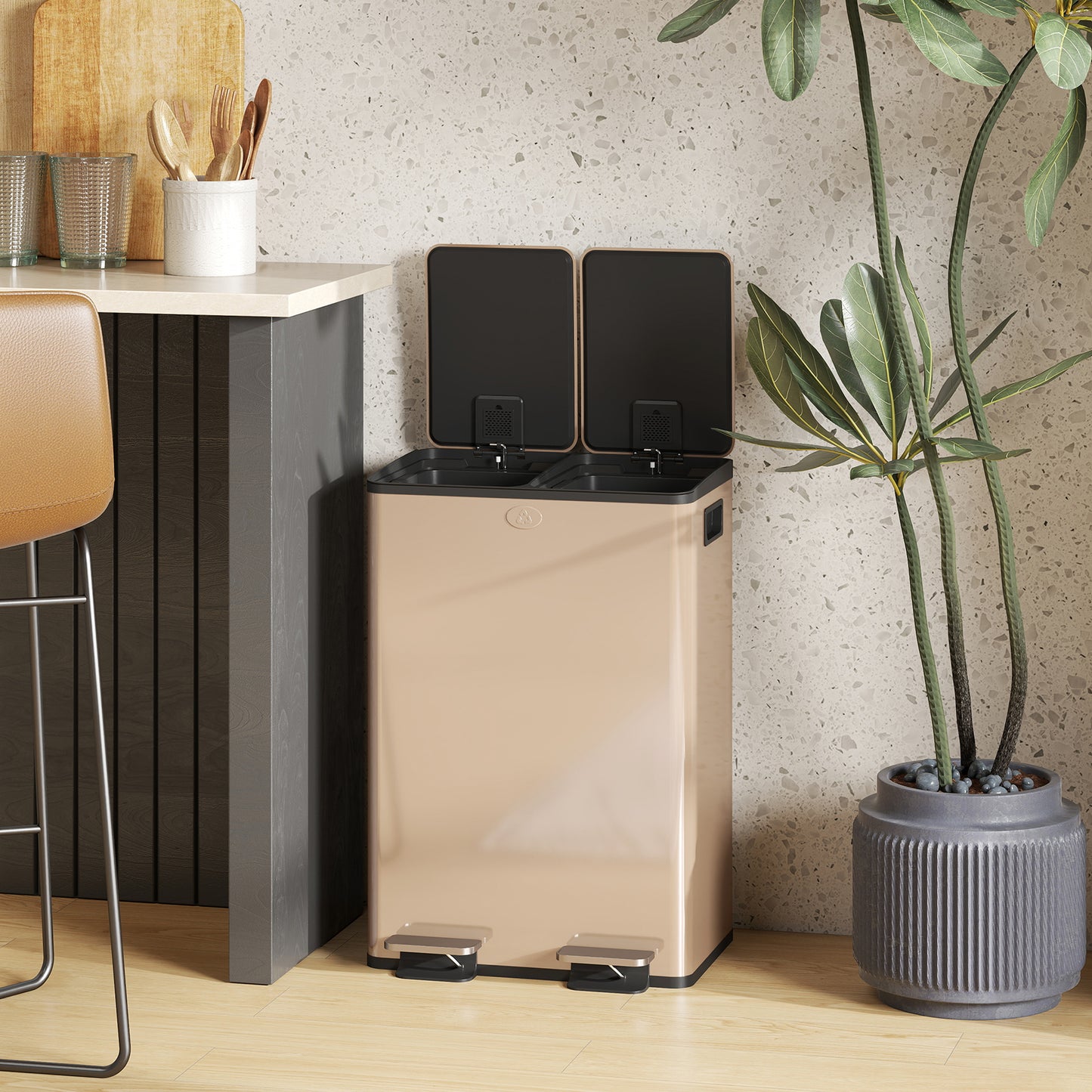 2 x 28L Dual Kitchen Bin Pedal Bin for Recycling and Waste, Gold Tone