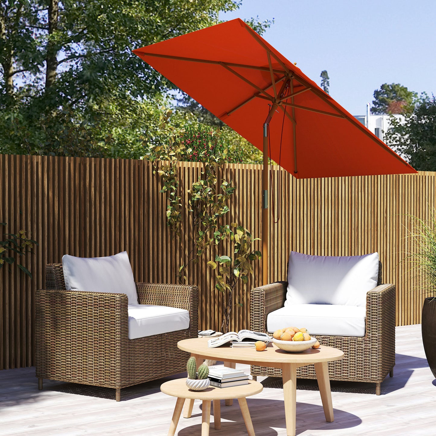 Wooden Patio Umbrella Market Parasol Outdoor Sunshade Orange