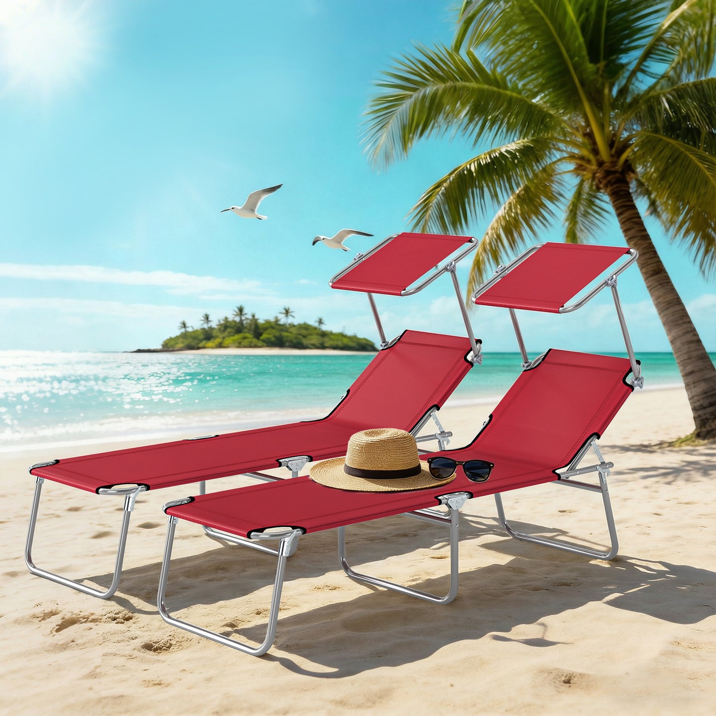 Foldable Sun Lounger Set of 2, 4 Level Adjustable Backrest