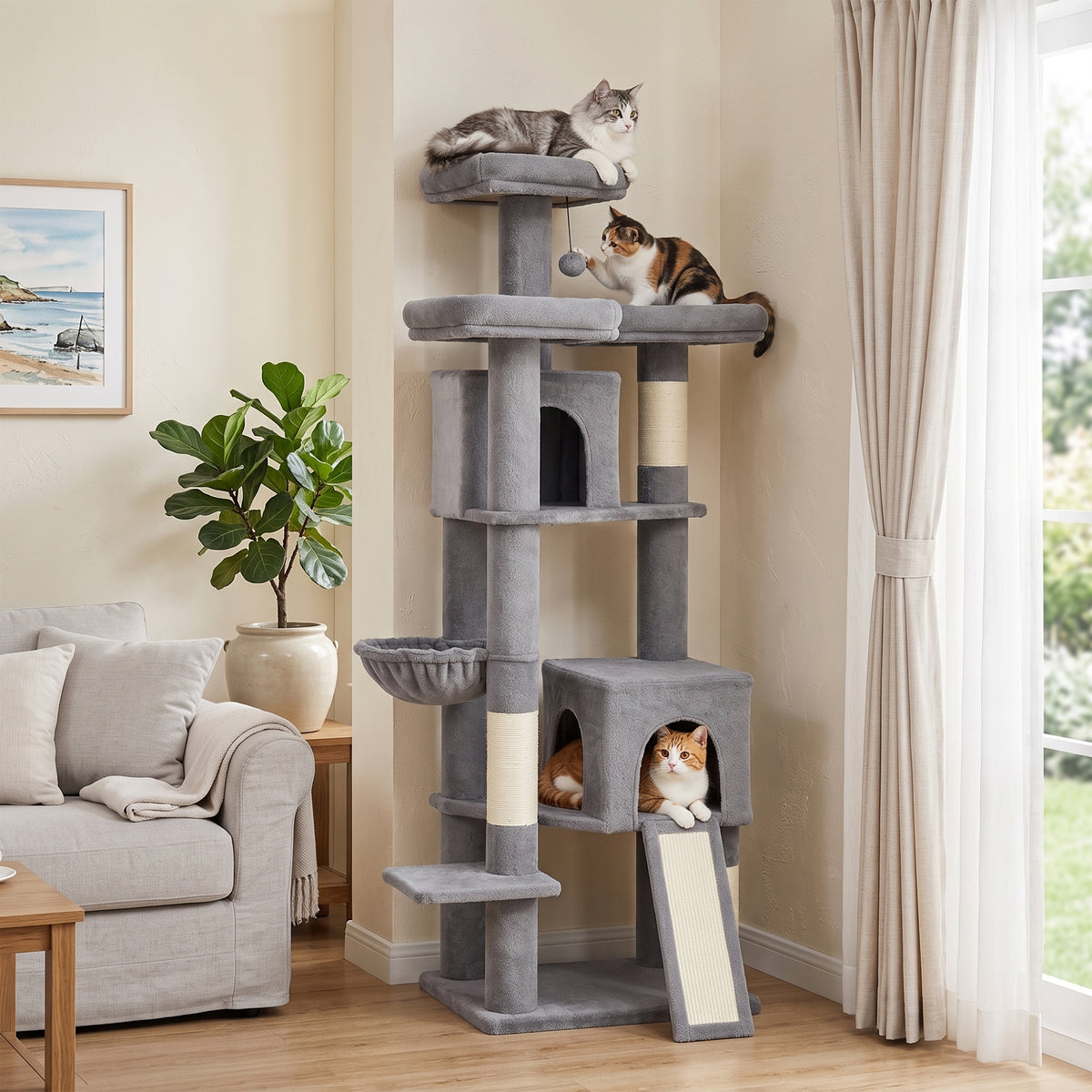184cm Cat Tree with 2 Condos, 3 Beds and Hammock - Dark Grey