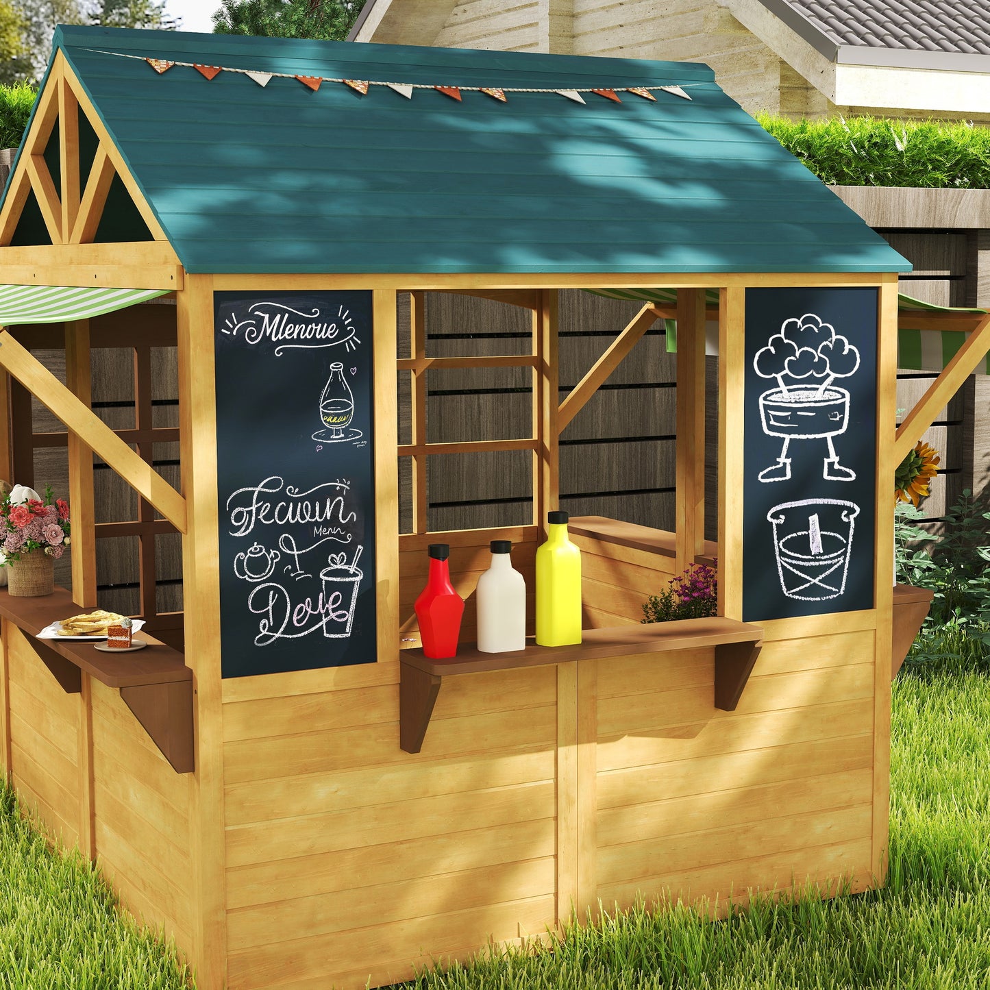 Wooden Playhouse for Kids Outdoor, Foldable Wendy House, Brown