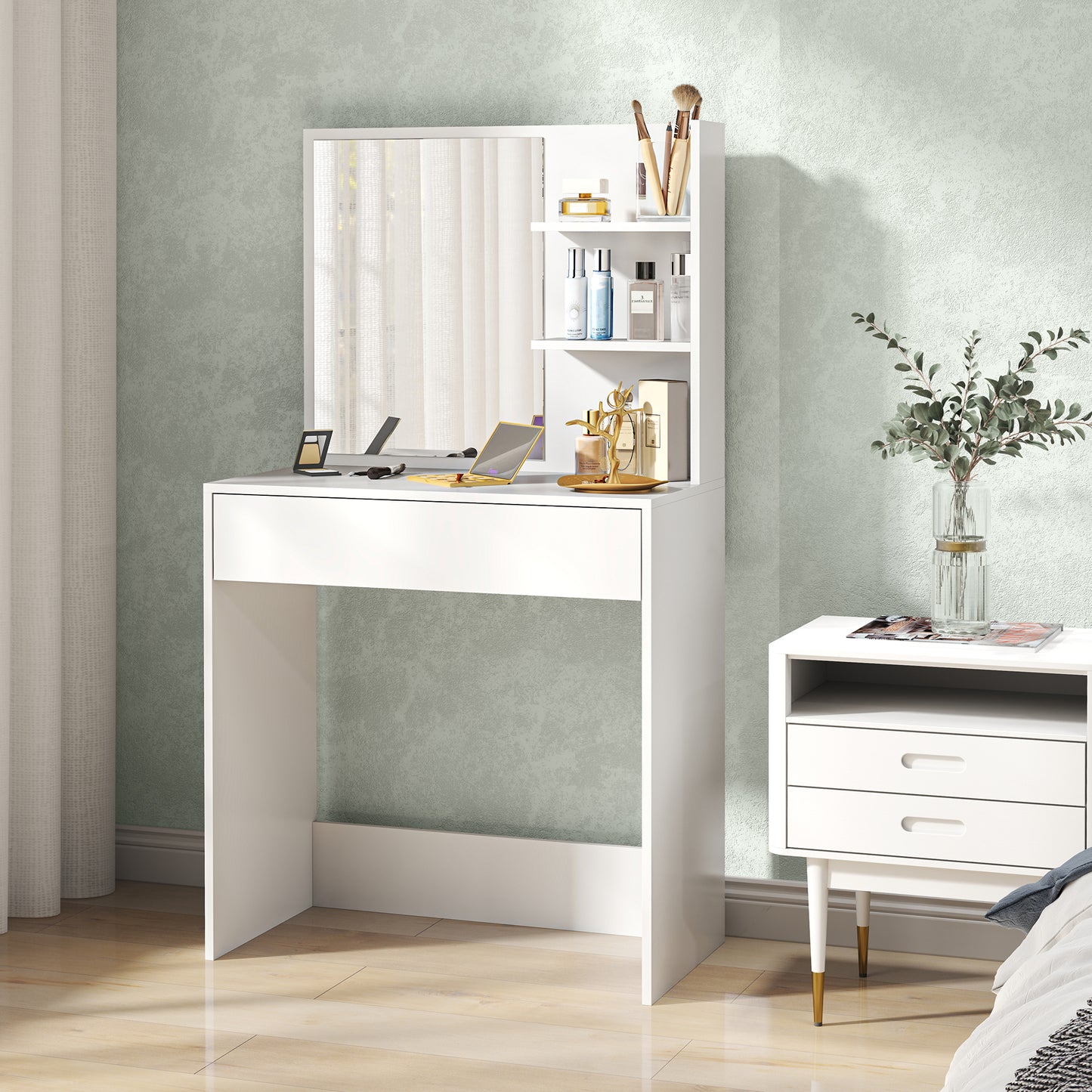 Dressing Table with Mirror and Storage, Modern Vanity Desk, White