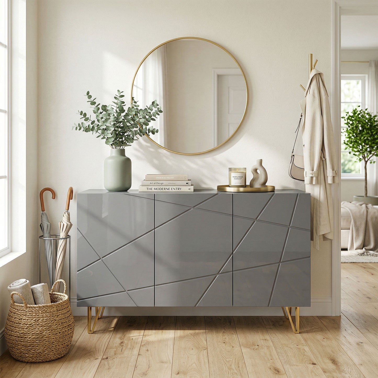 Storage Cabinet, Sideboard with Adjustable Shelves, High Gloss Grey
