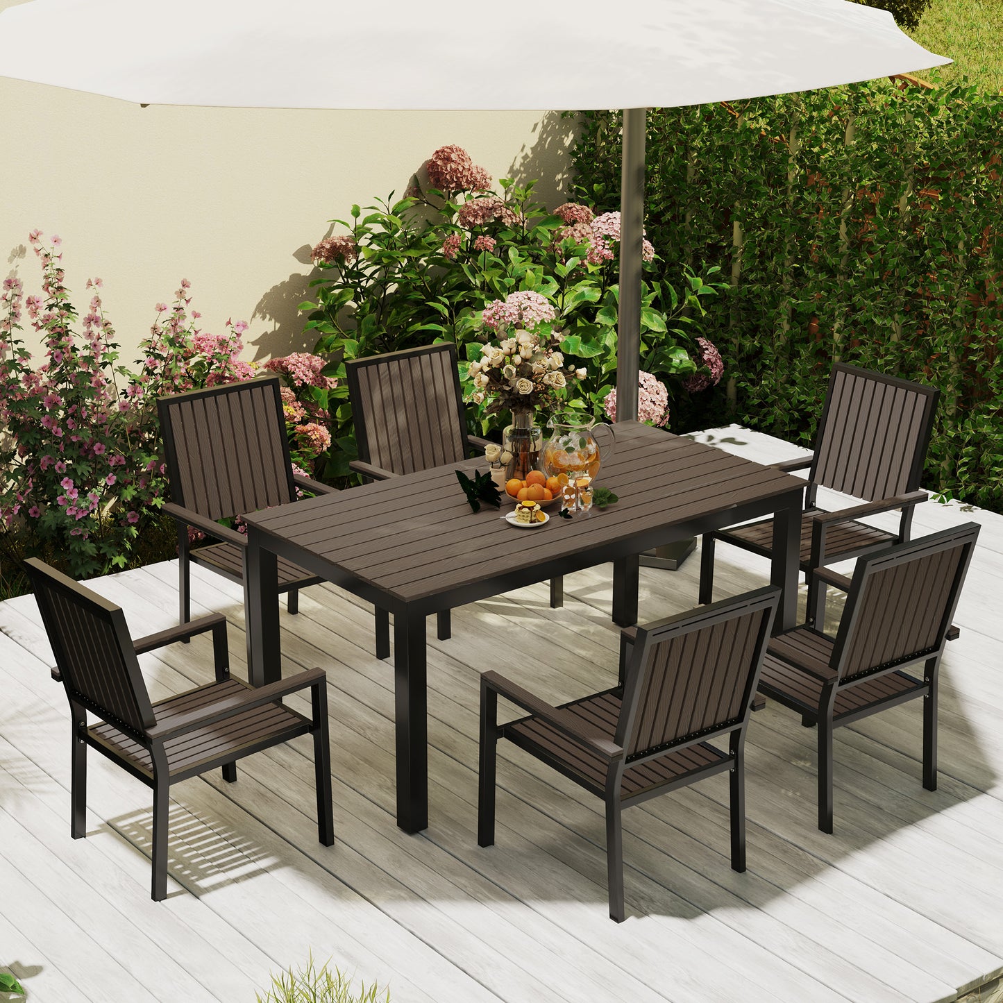 6 Seater Aluminium Garden Dining Set with Stackable Chairs, Brown