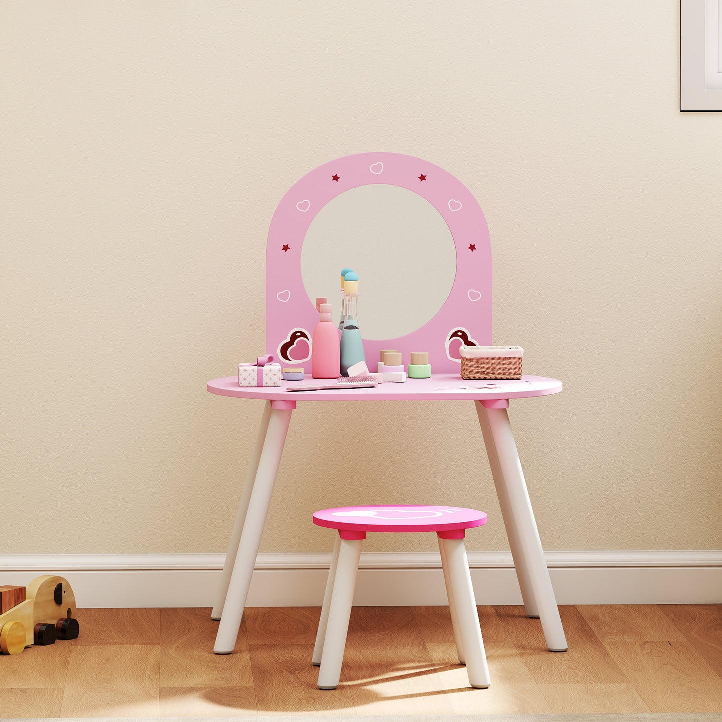 Kids Dressing Table with Mirror and Stool, Girls Vanity Set, Pink