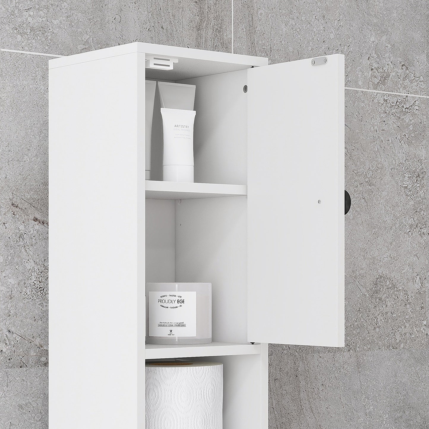 Slim Bathroom Cabinet, Toilet Roll Storage w/ Open Shelves, White