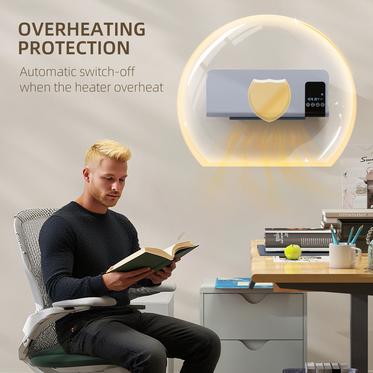 1000/2000W Wall-Mounted Ceramic Heater with Remote Control, Oscillation and 12-Hour Timer - Grey