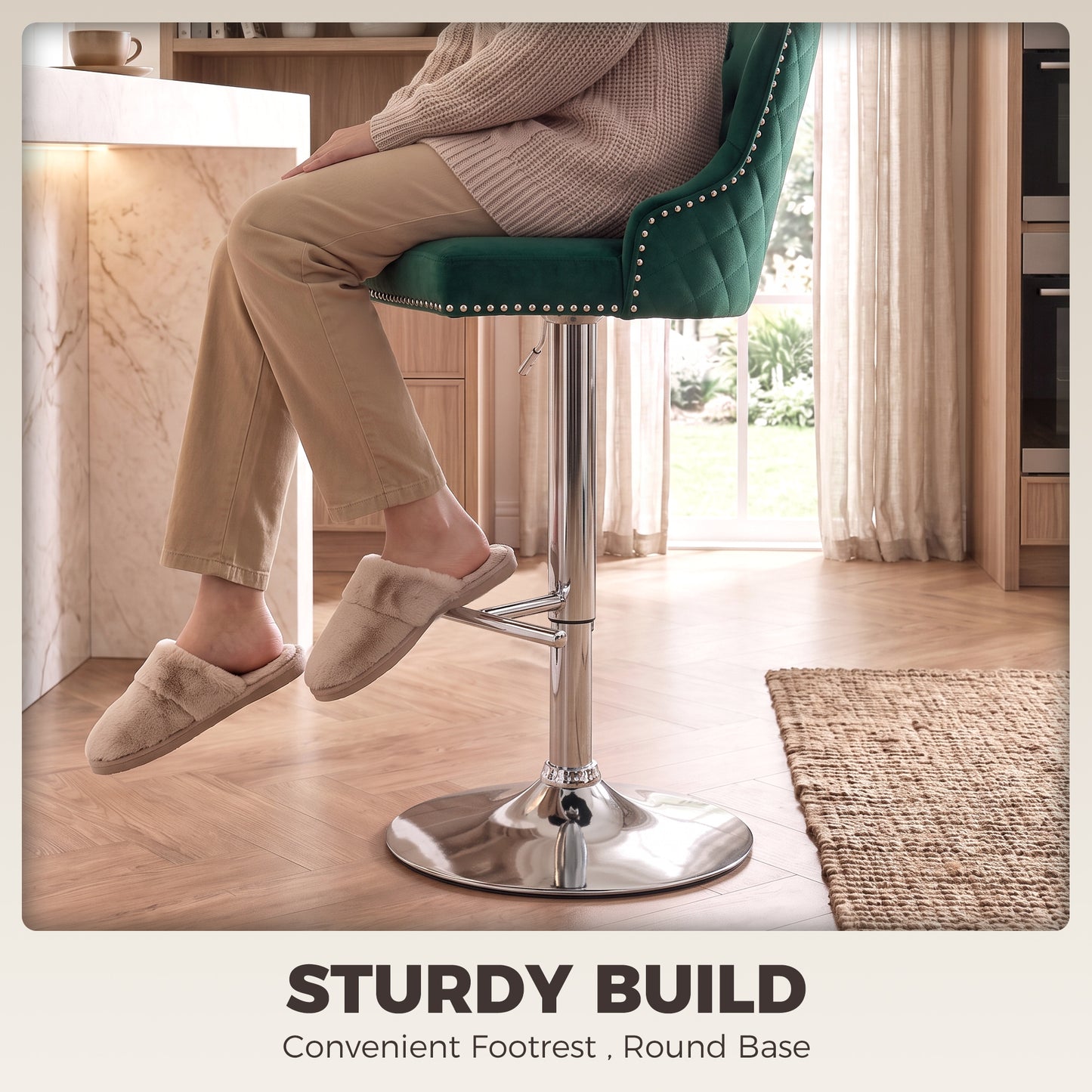 Bar Stools Set of 2, Swivel Velvet Barstools with Footrest, Green