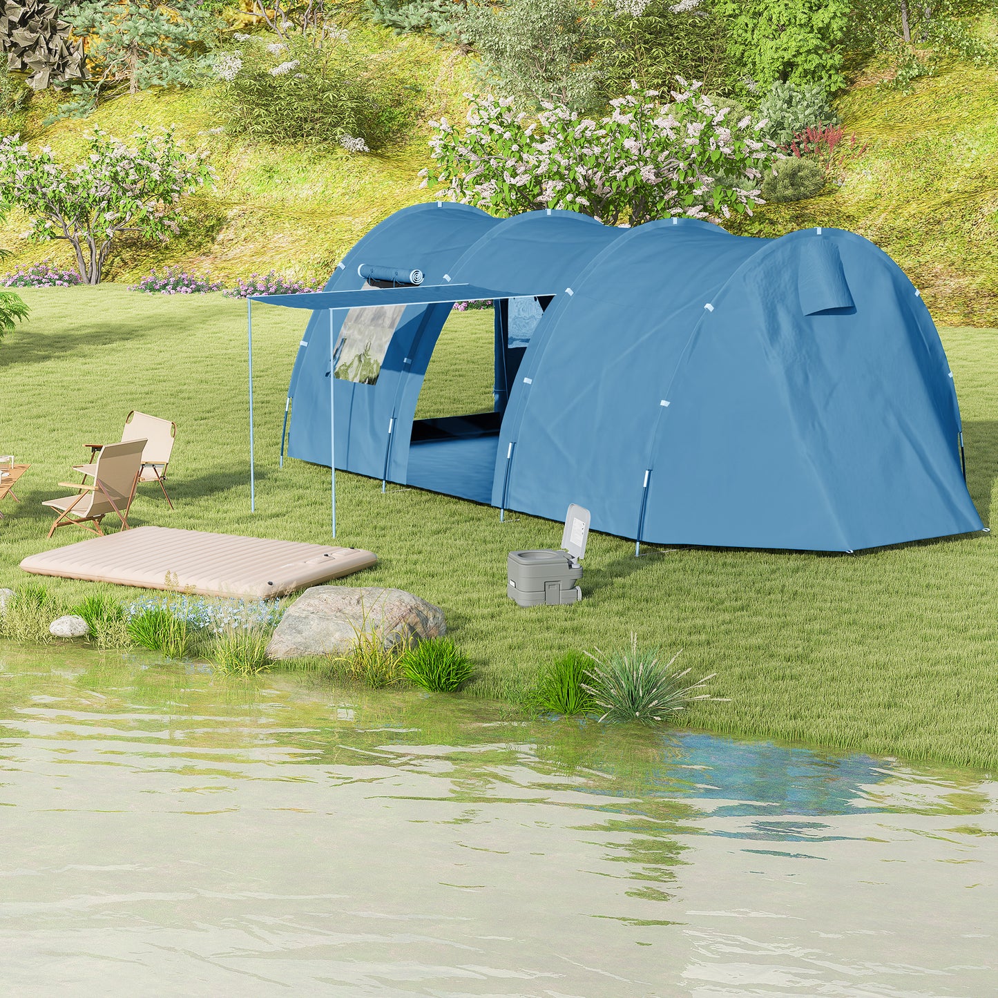 5-6 Man Family Tent Camping Tent with 2 Room and Carry Bag, Blue