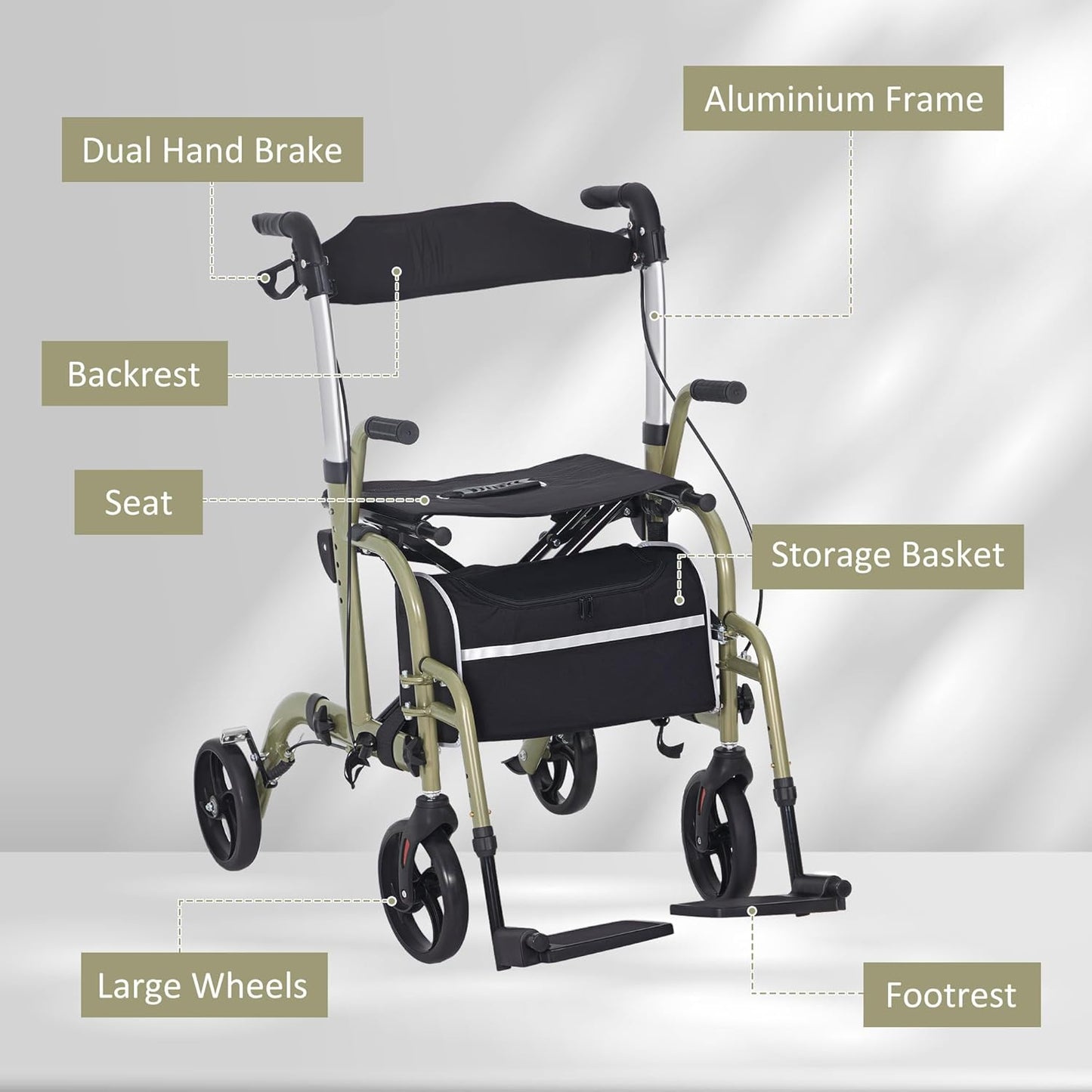 2 in 1 Wheelchair & Folding Rollator Walker Combo, Yellow-green