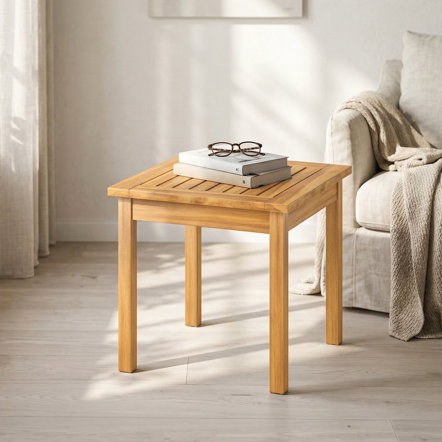 Garden Table, Outdoor Side Table with Slatted Tabletop, Adjustable Foot Pads, Solid Acacia Wood for Indoor Outdoor, Living Room, Balcony, Natural Wood