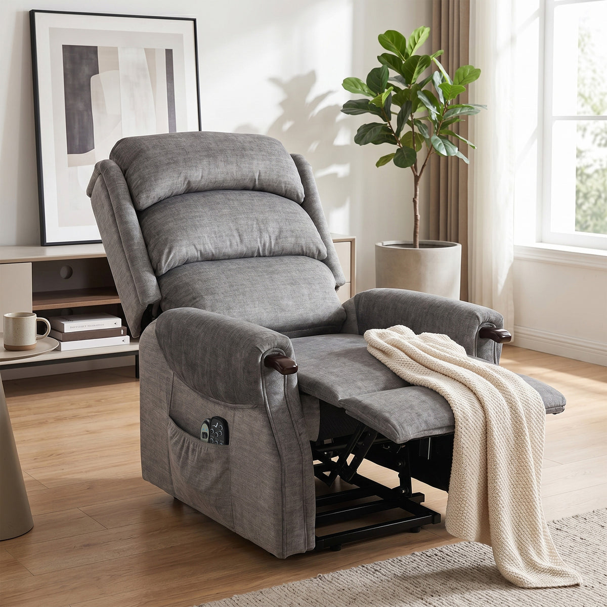 Massage and Heat Electric Riser Recliner Chair with Footrest and Side Pockets - Light Grey & Wood