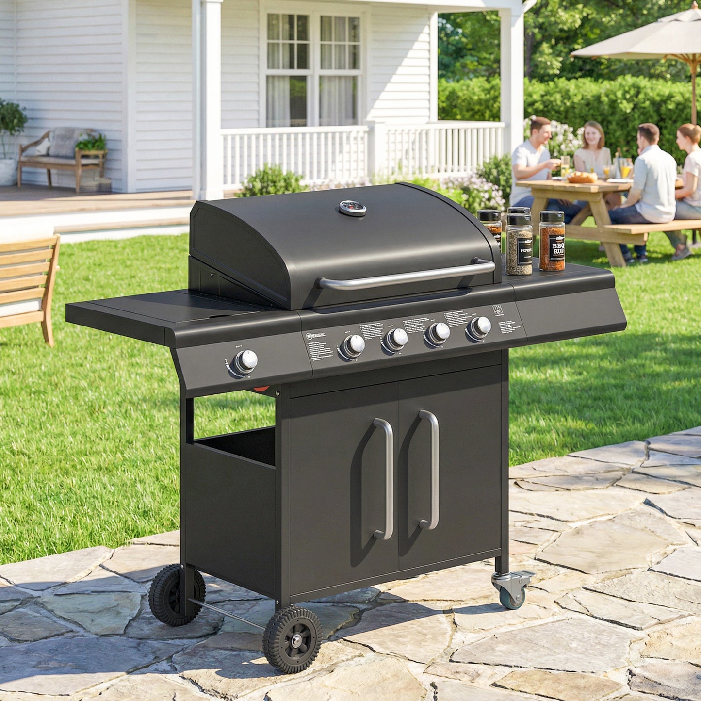 Burner Gas BBQ Grill, Gas Barbecue Trolley with Side Table, Black