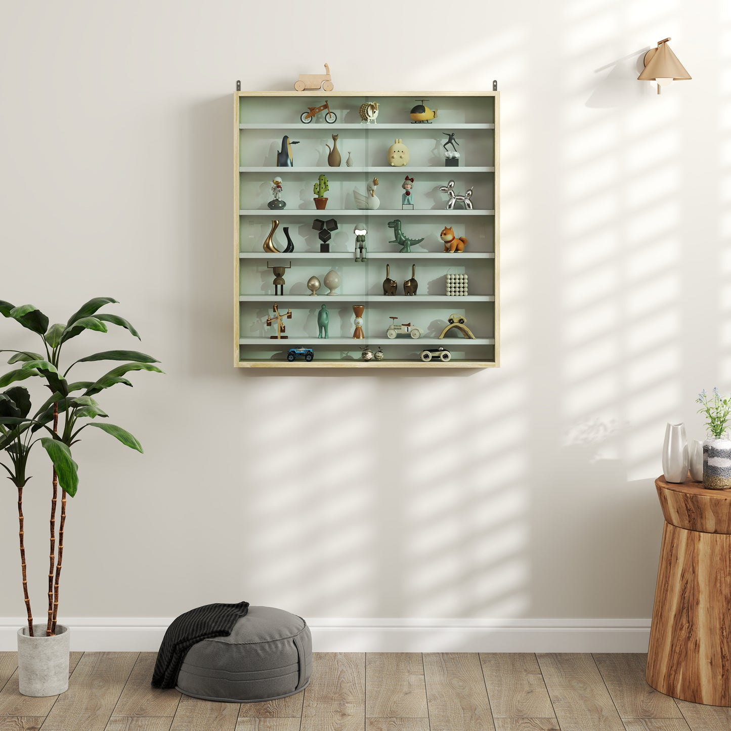 7-Tier Wall Display Cabinet w/ Shelves Glass Doors, Oak