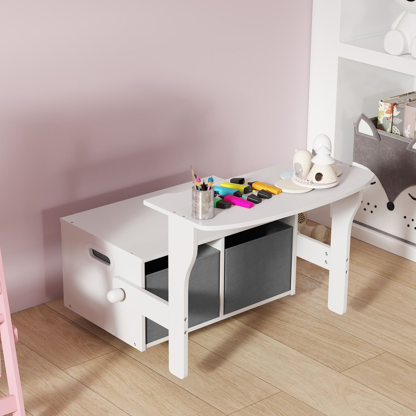 3 in 1 Kids Storage Bench, Toddler Table and Chair Set, White