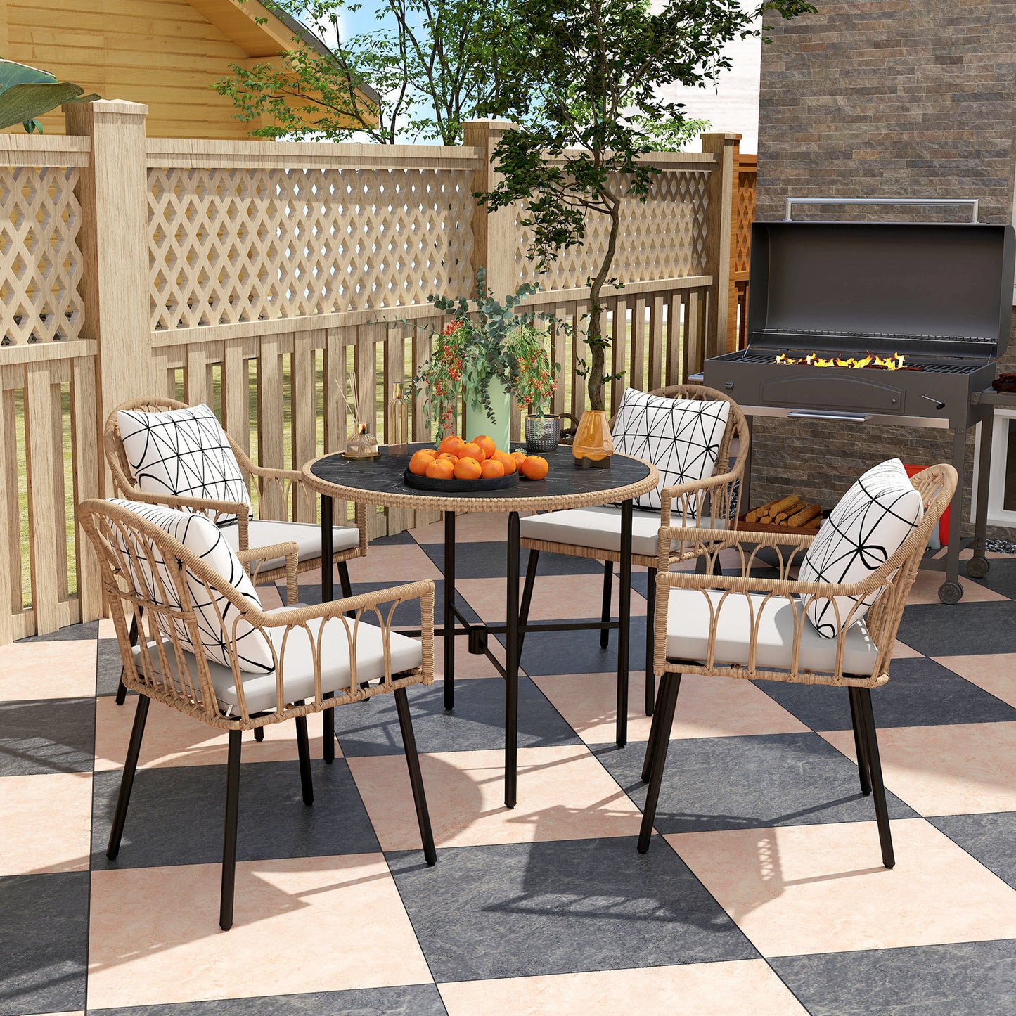 5 Piece Patio Rattan Dining Set w/ Removable Cushions, Light Brown