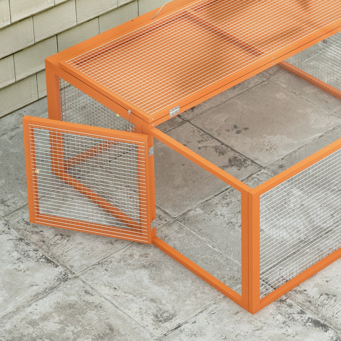 Rabbit Hutch, Folding Wooden Rabbit Run with Openable Top, Orange