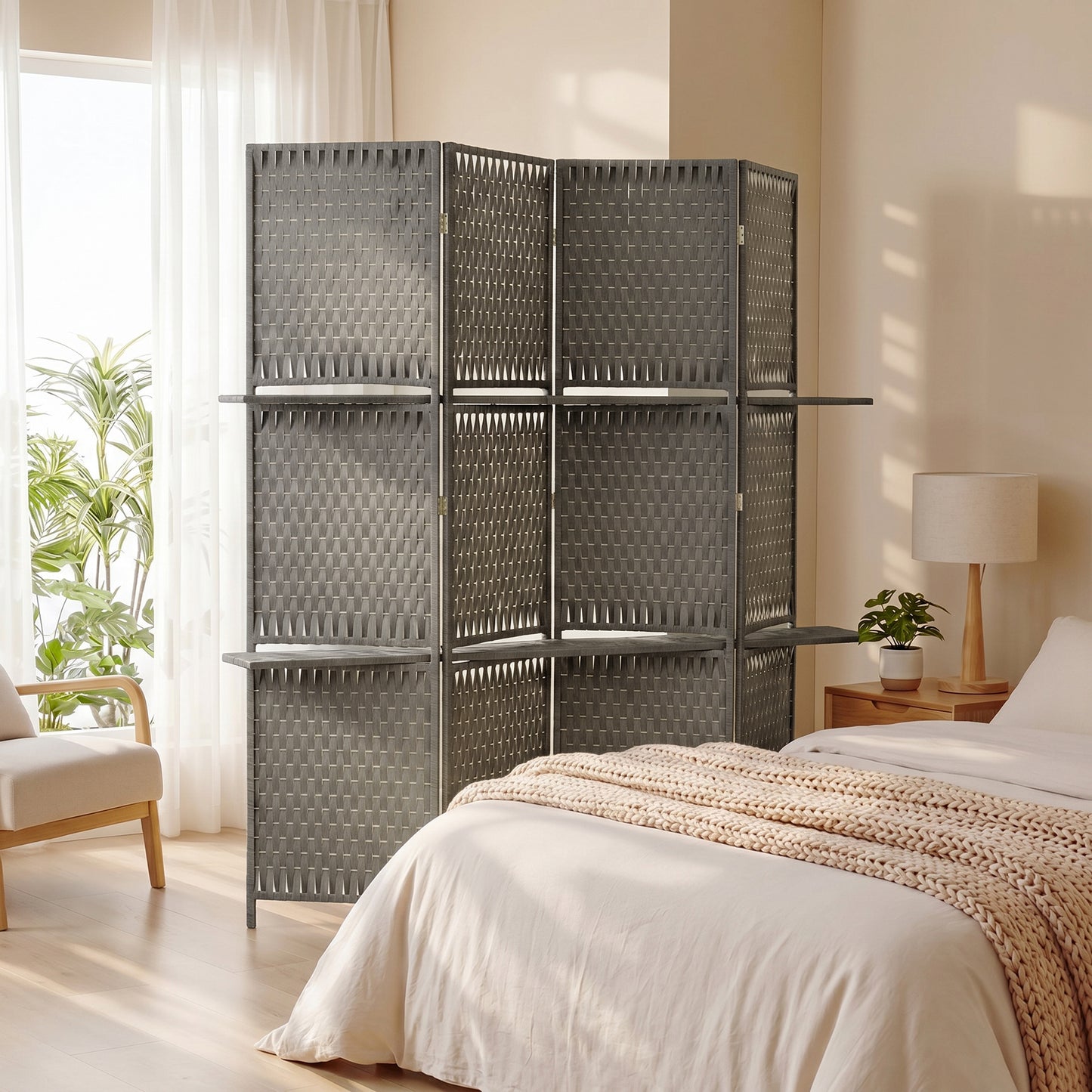 4-Panel Room Divider with Shelves, Wave Fibre Freestanding Folding Privacy Screen Panels, Partition Wall Divider for Indoor Bedroom Office, 180 cm, Grey