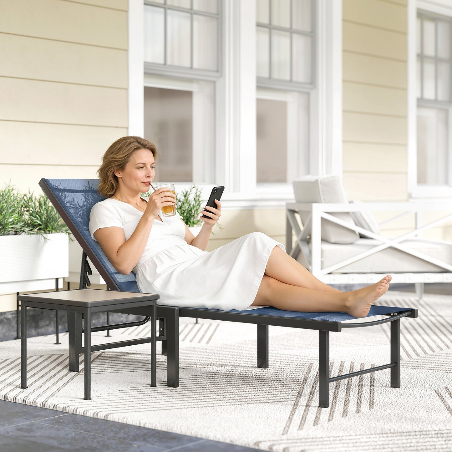 Sun Lounger, 5-Level Reclining Sun Lounger Chair, Dark Blue