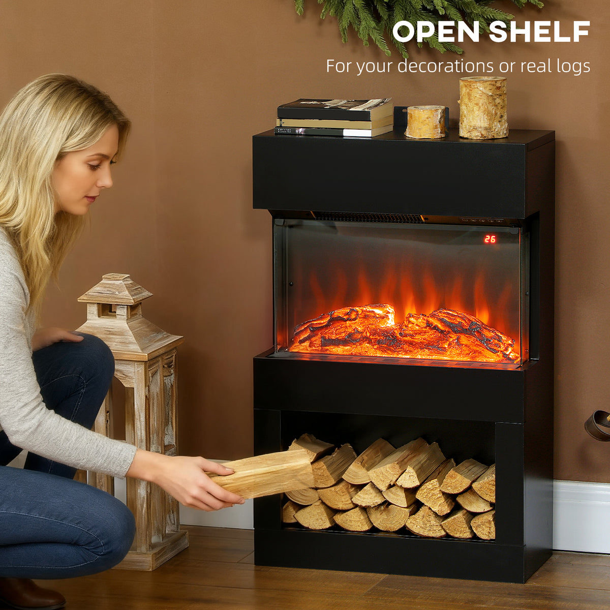 1000W/2000W Electric Fire and Mantel with Remote & Timer, Black