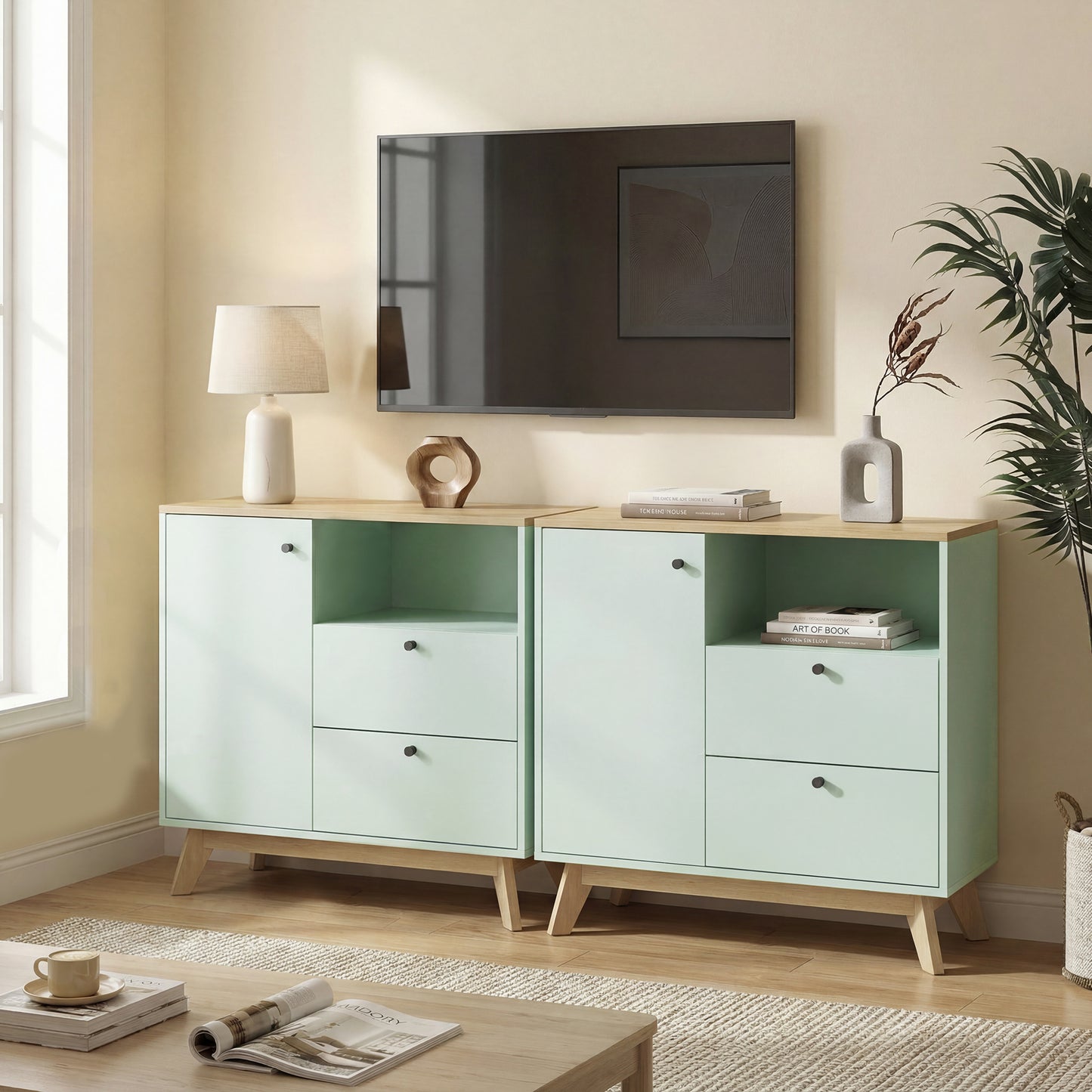 Sideboard, 80 cm Buffet Cabinet with 2 Drawers, Light Green and Oak