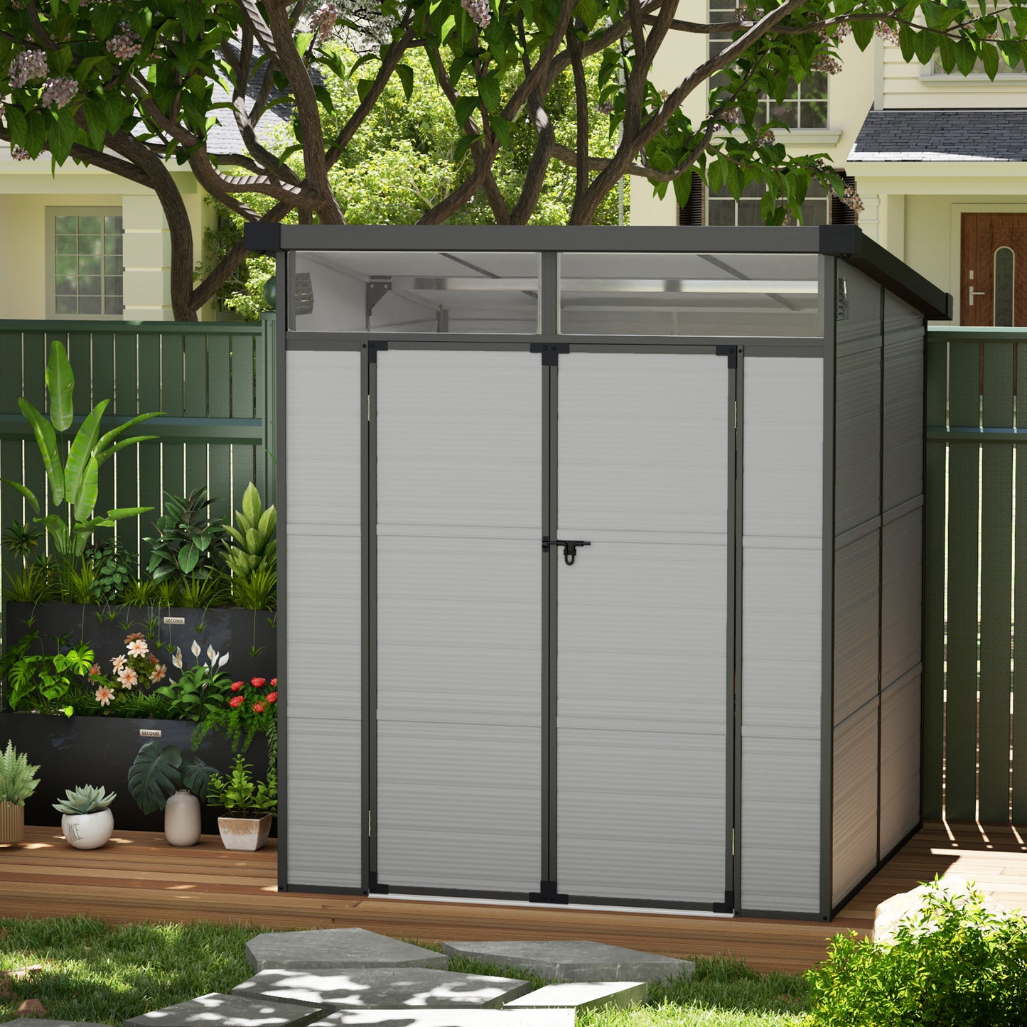 6 x 6ft Plastic Garden Shed with Windows and Air Vents, Light Grey