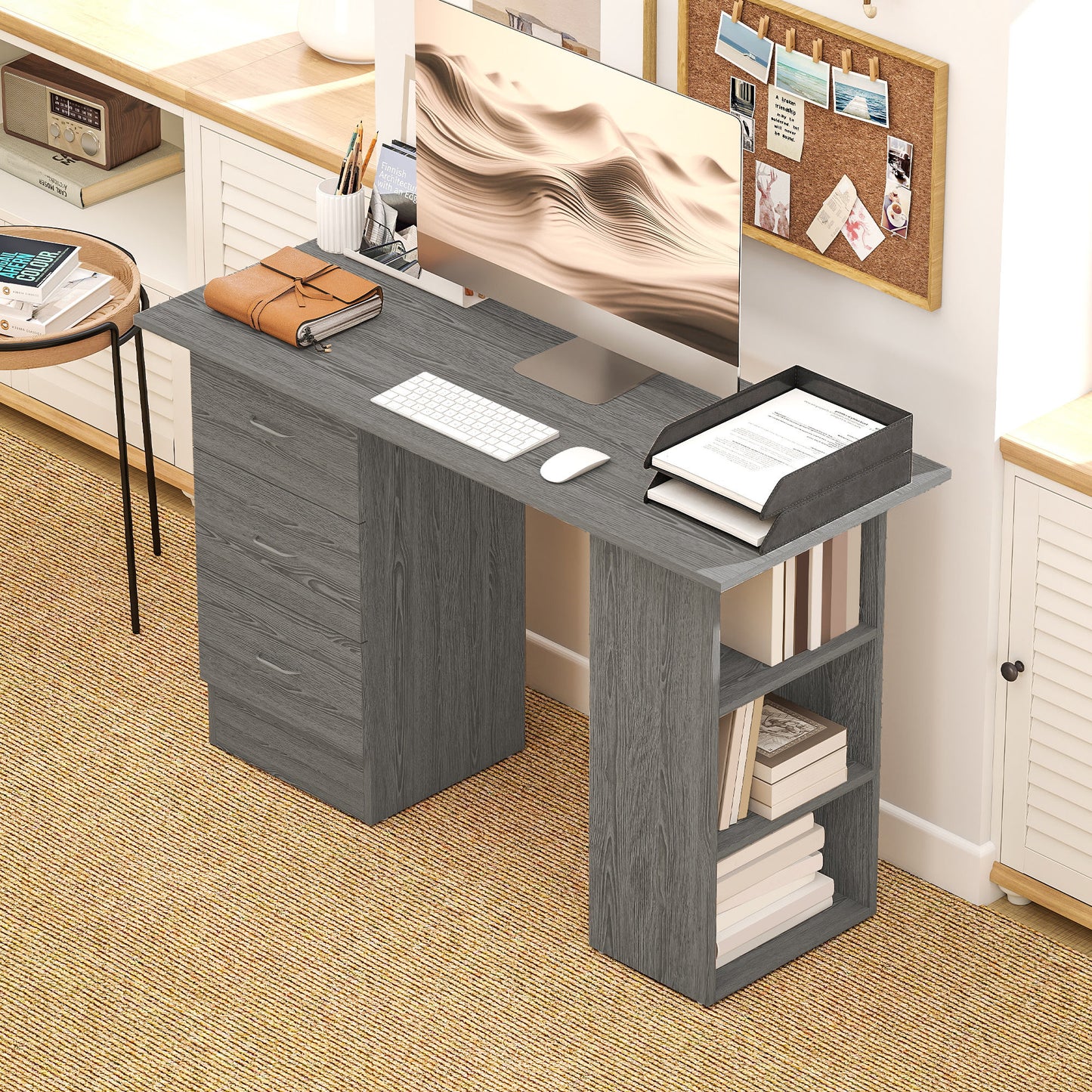 120cm Computer Desk, Study Table with 3 Shelf & Drawers, Grey