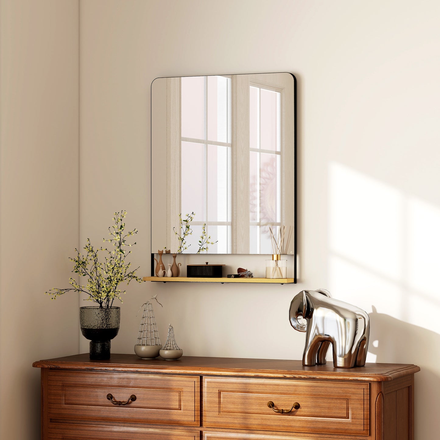 Decorative Mirror with Wood Shelf, Industrial Wall Mirror, Black