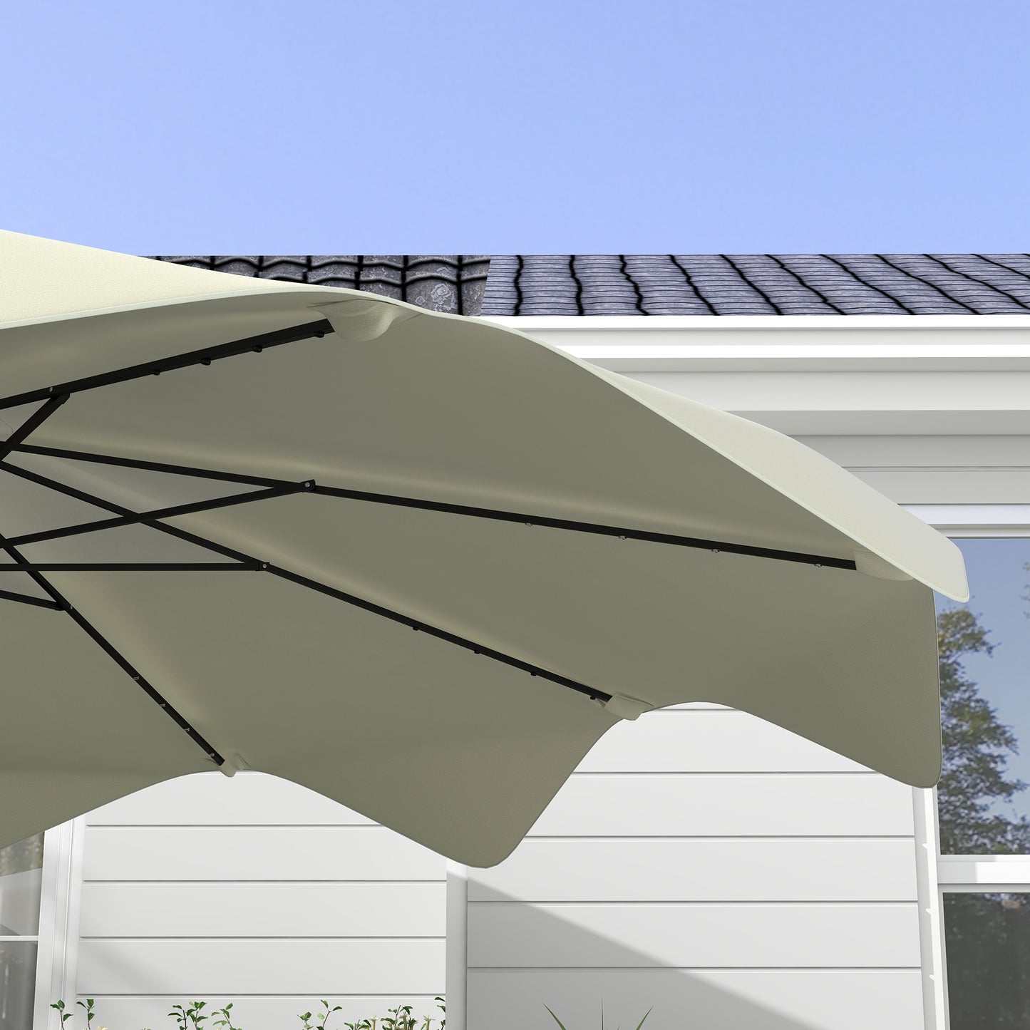 Solar Patio Umbrella with LED and Tilt, Outdoor Market Table Umbrella Parasol with Crank, 3 x 3 (m), Cream White