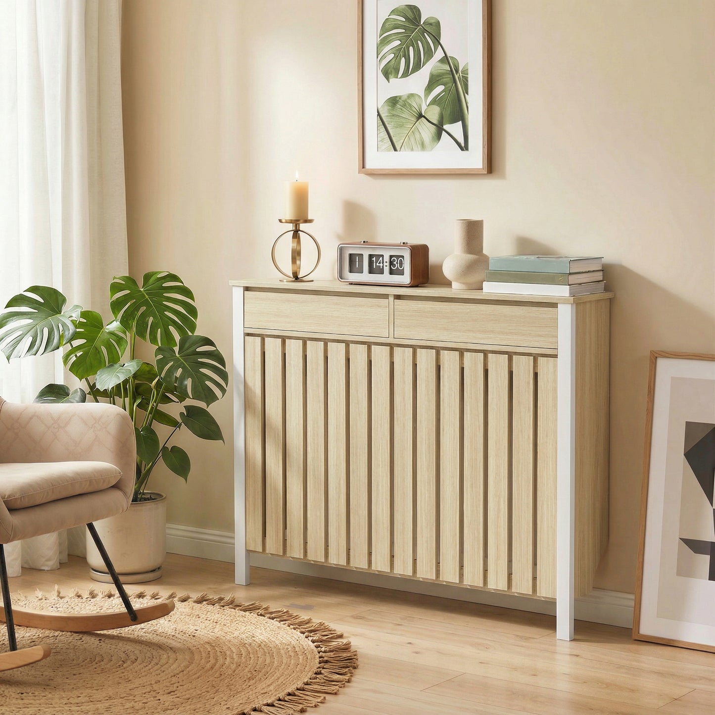 Large Radiator Cover with Drawers and Vertical Slats Oak