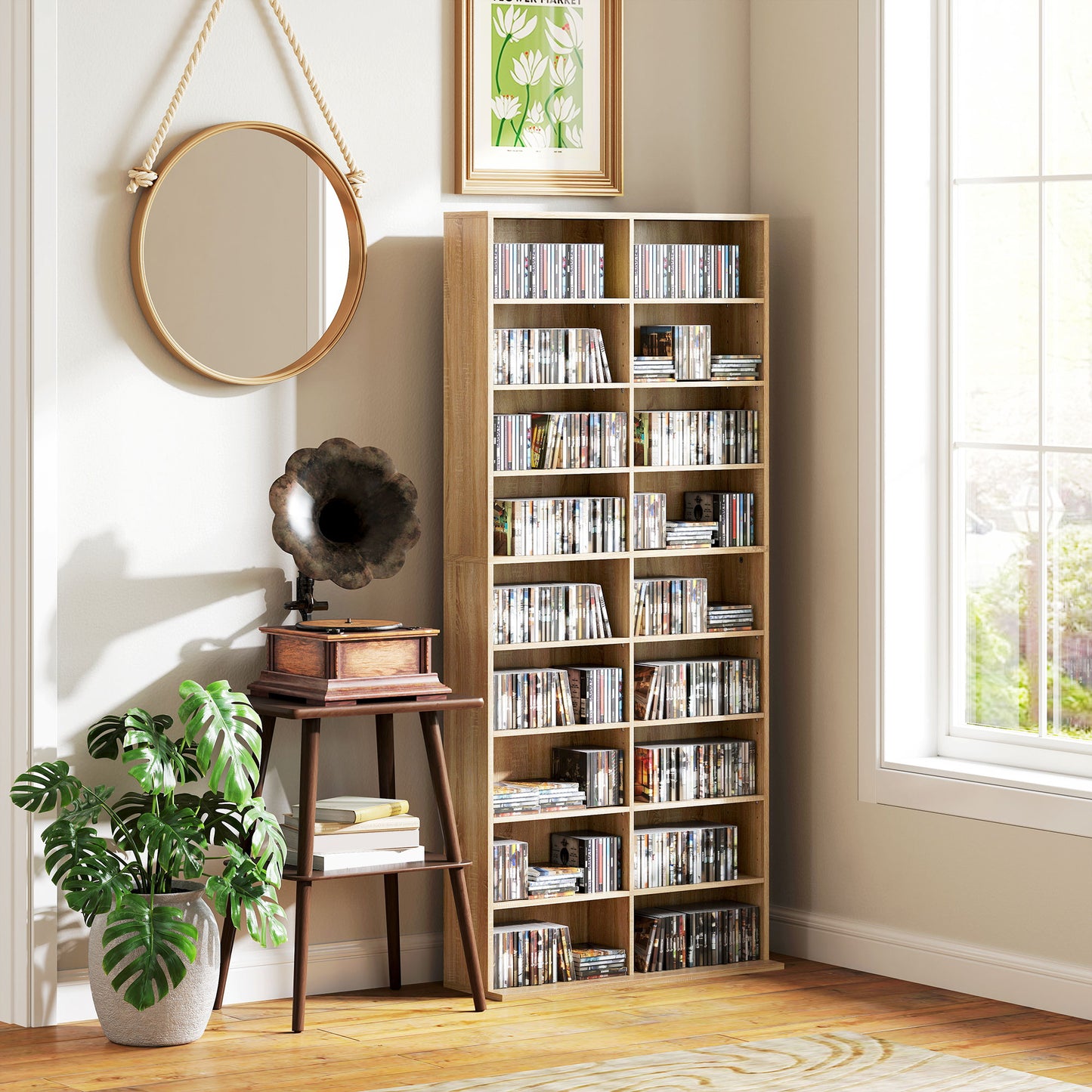 640 CD Storage Unit 360 DVD Storage Tower w/ 18 Compartments Natural