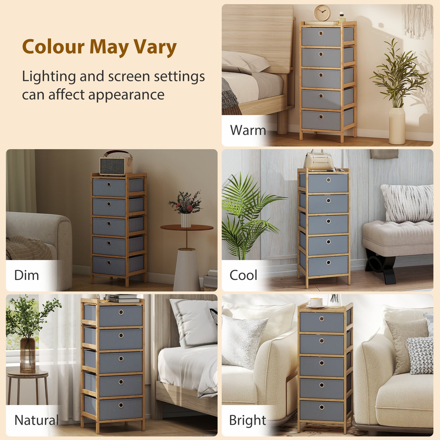 Chest of Drawers, 5 Drawers Dresser with Bamboo Frame, Light Grey