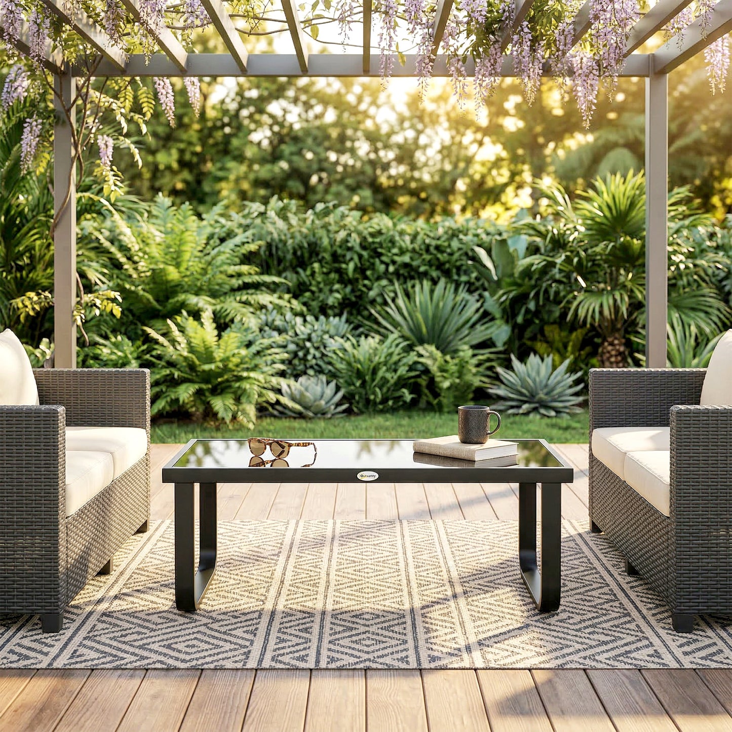 Garden Coffee Table Outdoor Side Table with Glass Top Black