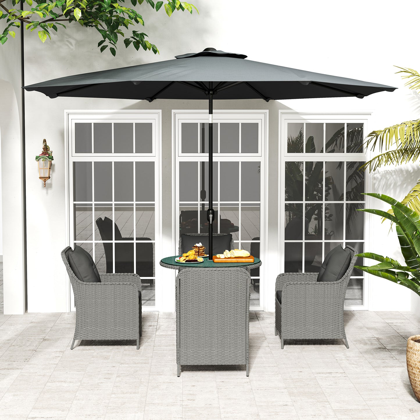 Luxury Rattan Garden Dining Set W/ Parasol, Cushions, Light Grey