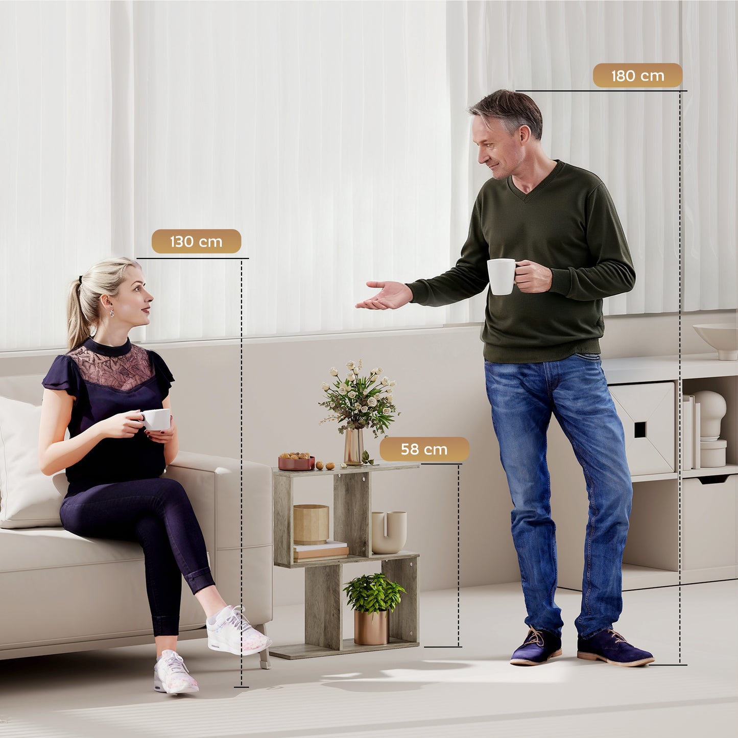 Side Table, Narrow End Table with Storage Shelves, Grey