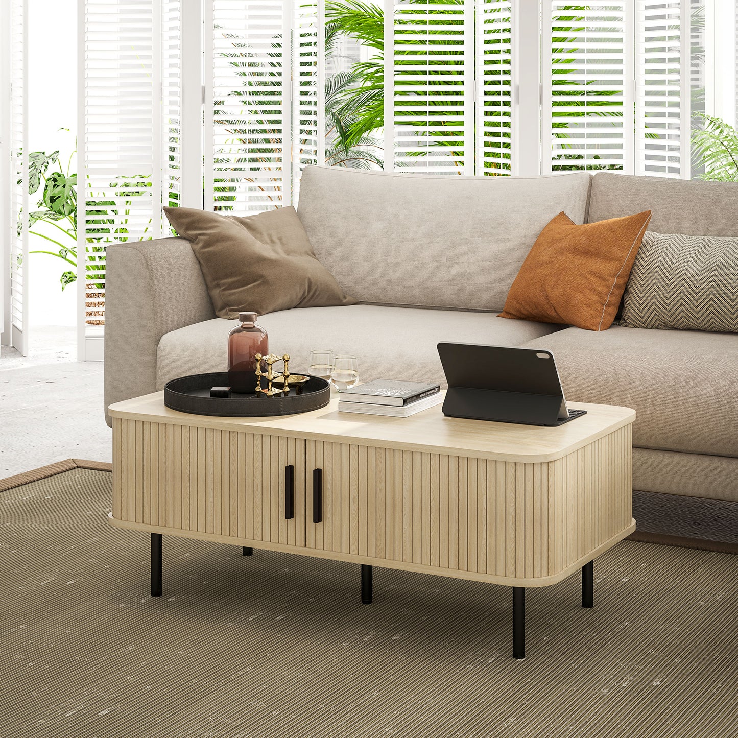 Coffee Table with Storage and Sliding Doors for Living Room, Oak